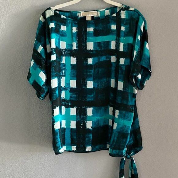 Michael Kors white/blue and green pattern short sleeve blouse size XS - Picture 8 of 9